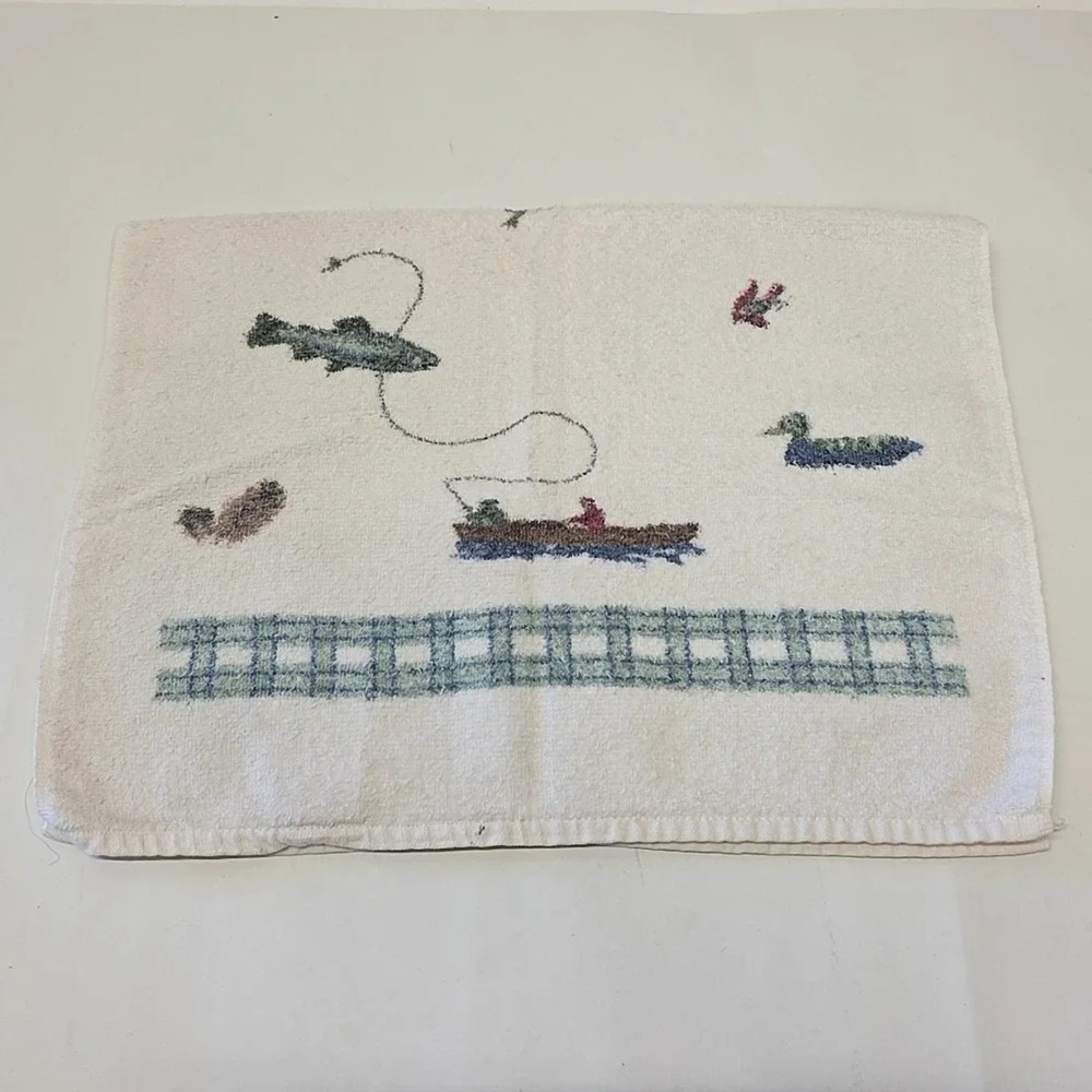 Cannon Fishing Hand Towel Set Cream Vintage Plaid Ducks Trout USA Rustic Cabin